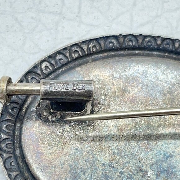Vtg Pierre Bex Brooch Dried Flowers Oval Tarnished Scroll Detail Trombone Clasp - Picture 6 of 8